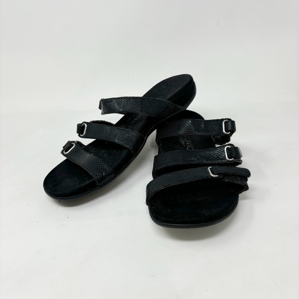 VIONIC Women’s Black Snake Skin AUBREY 3 Strap Sandals Orthoheel Technology Sz 9